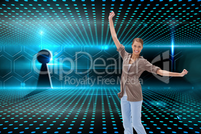 Composite image of happy woman jumping