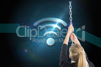 Composite image of businesswoman pulling a chain