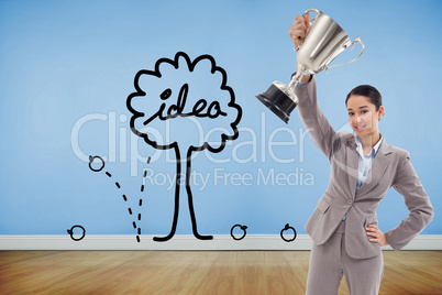 Composite image of businesswoman showing a cup