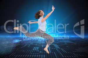 Composite image of happy classy businesswoman jumping while hold