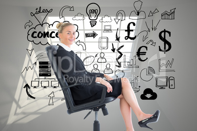 Composite image of businesswoman sitting on swivel chair in blac