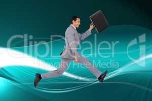 Composite image of businessman running with a suitcase