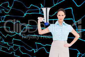 Composite image of stern classy businesswoman holding megaphone