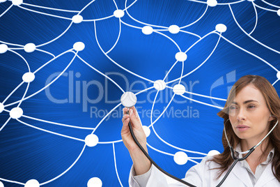 Composite image of thoughtful doctor using stethoscope