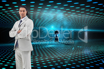 Composite image of serious office worker posing with the arms cr