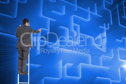 Composite image of businessman standing on ladder