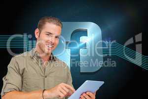 Composite image of happy man using tablet pc