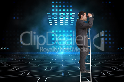 Composite image of businessman standing on ladder