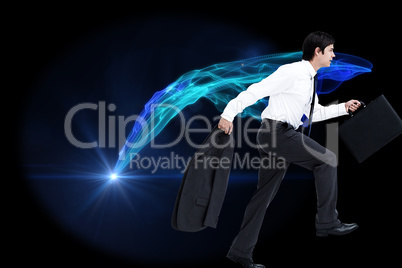Composite image of side view of walking tradesman with jacket an