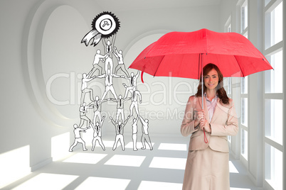 Composite image of attractive businesswoman holding red umbrella