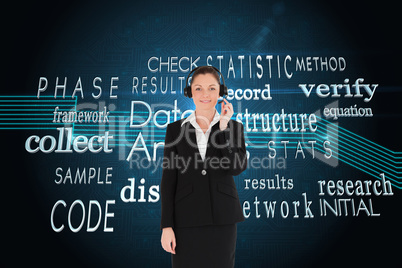 Composite image of good looking woman in suit using headphones a