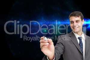 Composite image of young businessman writing something