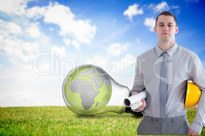 Composite image of architect carrying construction plans and hel