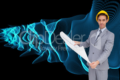 Composite image of serious architect with hard hat holding plans