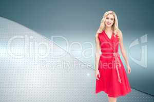 Composite image of smiling blonde walking