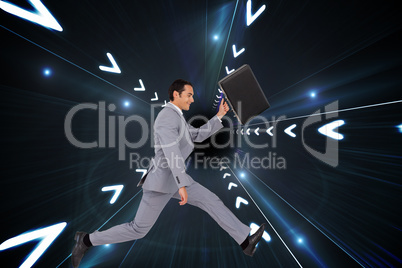 Composite image of businessman running with a suitcase