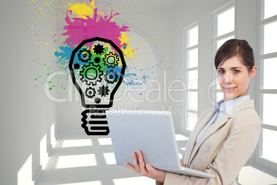 Composite image of confident young businesswoman with laptop