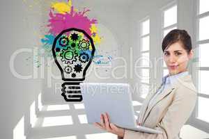 Composite image of confident young businesswoman with laptop