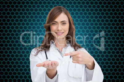 Composite image of smiling doctor presenting her hand