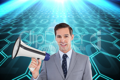 Composite image of smiling businessman holding a megaphone