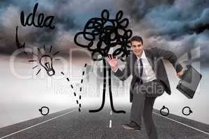 Composite image of happy businessman in a hury