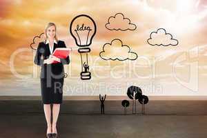 Composite image of businesswoman smiling and holding folders