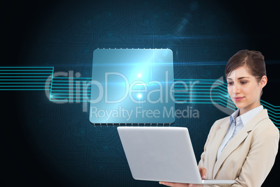 Composite image of confident businesswoman holding laptop