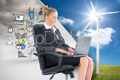 Composite image of businesswoman sitting on swivel chair with la