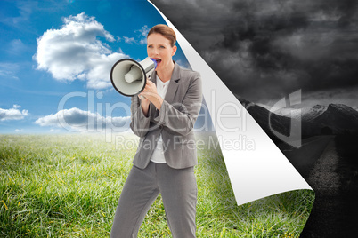 Composite image of businesswoman talking on a megaphone