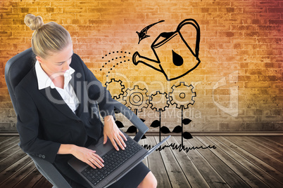 Composite image of businesswoman sitting on swivel chair with la