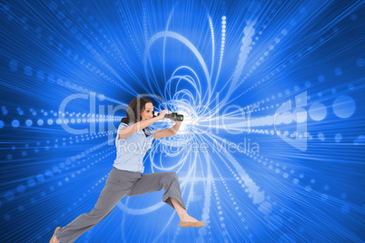 Composite image of cheerful classy businesswoman jumping while h