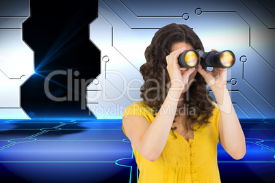 Composite image of casual young woman using binoculars