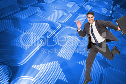 Composite image of cheerful businessman in a hury