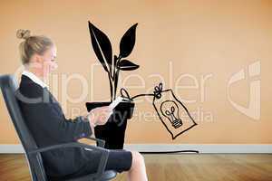 Composite image of businesswoman sitting on swivel chair with ta