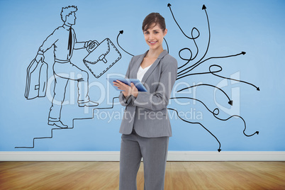 Composite image of smiling businesswoman with tablet computer