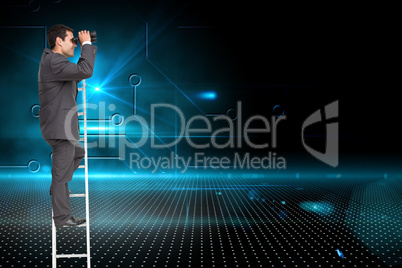 Composite image of businessman standing on ladder