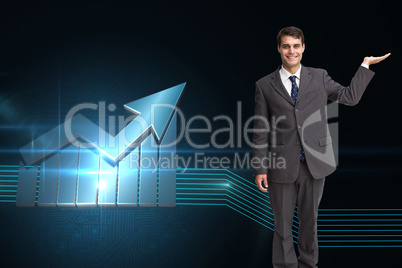 Composite image of happy businessman presenting