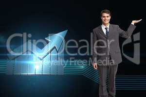 Composite image of happy businessman presenting