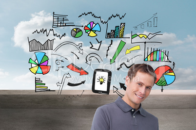 Composite image of smiling young man with tablet computer