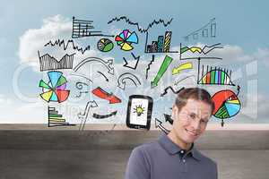 Composite image of smiling young man with tablet computer