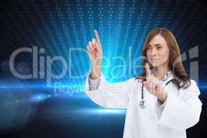 Composite image of happy doctor pointing