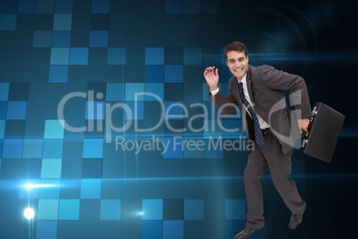 Composite image of happy businessman in a hury