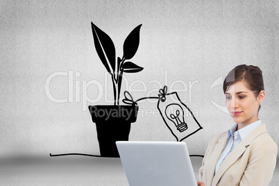 Composite image of confident businesswoman holding laptop