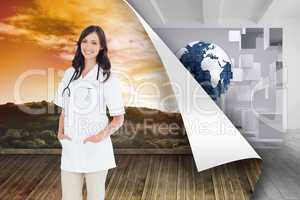 Composite image of confident and smiling woman doctor standing i