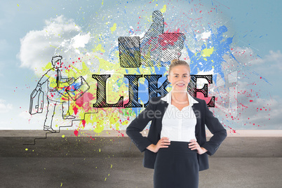 Composite image of businesswoman standing with hands on hips