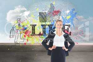 Composite image of businesswoman standing with hands on hips