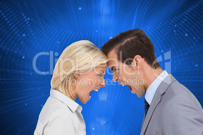 Composite image of colleagues quarreling head against head