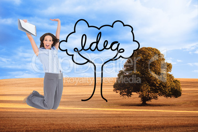 Composite image of happy classy businesswoman jumping while hold