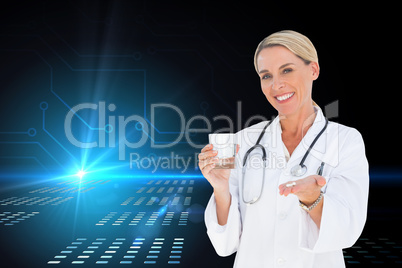 Composite image of happy doctor holding out pills and water glas