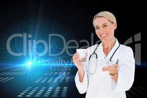 Composite image of happy doctor holding out pills and water glas